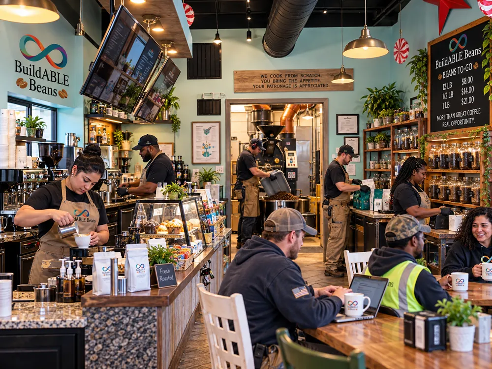 The BuildABLE Beans café in action: baristas at the counter, a roaster in back and guests at the tables