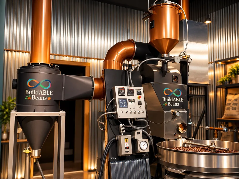 The air roaster at MJ Roasting, with copper ducts and a tray of fresh-roasted beans